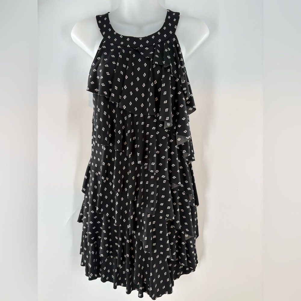 White House Black Market Tiered Ruffle Dress Black Geometric Diamond Print XS